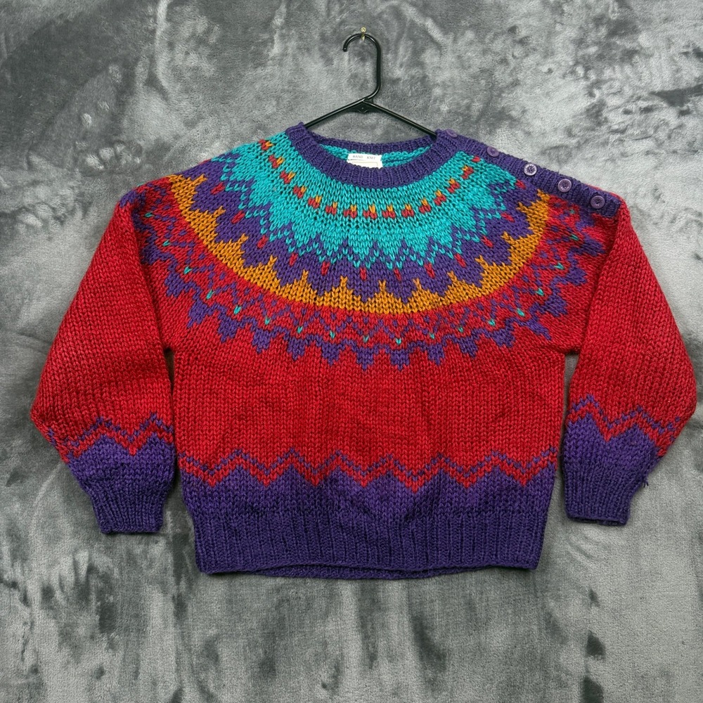 I.V.Y. Sweater Womens L Red Fair Isle Hand Knit Button Shoulder Acrylic Vintage